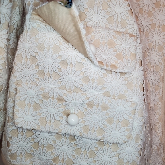 Talbots Womens Open Front Jacket Beige/White Lace Overlay 3/4 Sleeve Size 12P - Picture 4 of 14